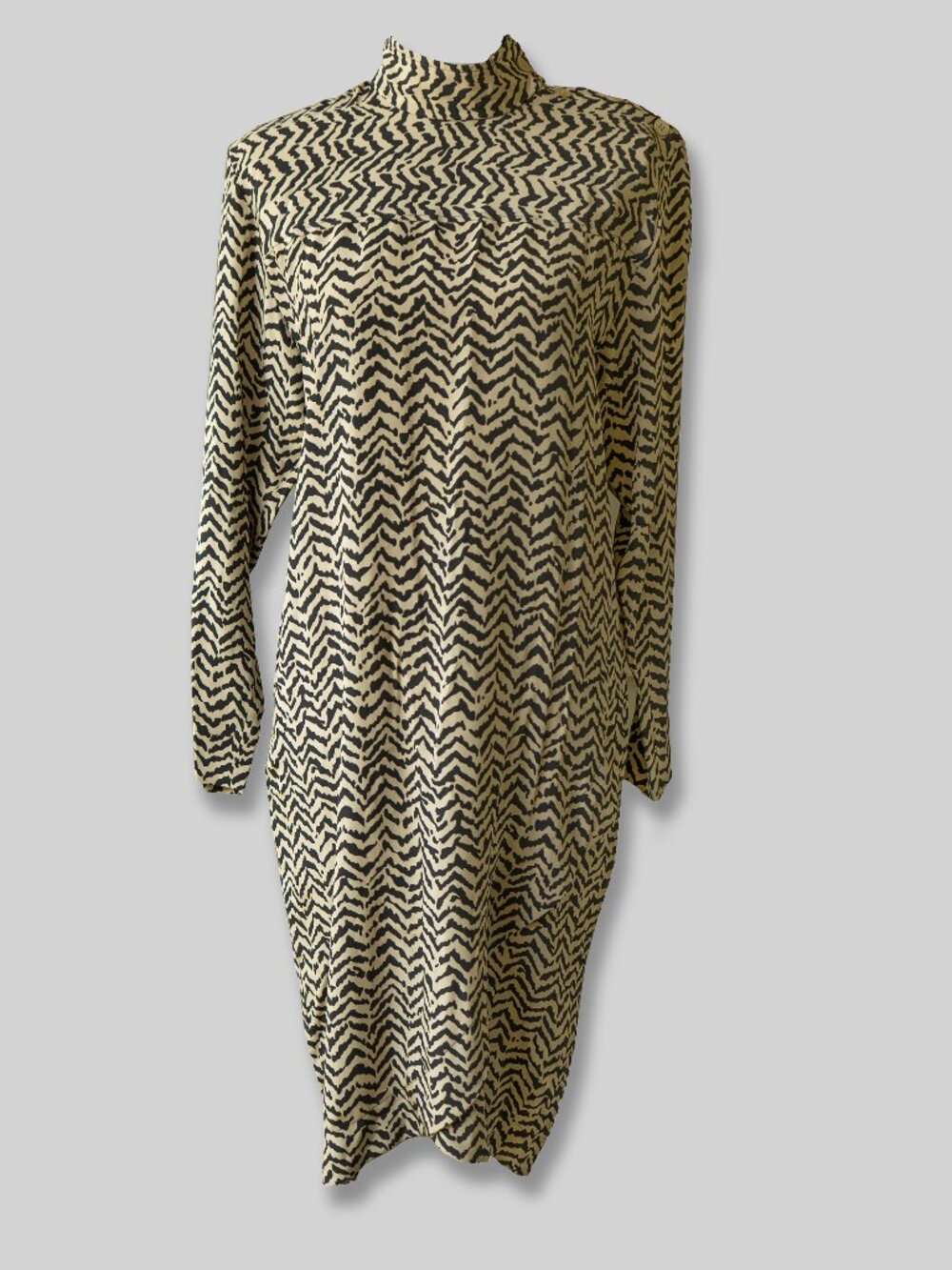 Lloyd Williams Tan Silk Dress Deadstock Vintage Beige Zebra Mock neck Midi
